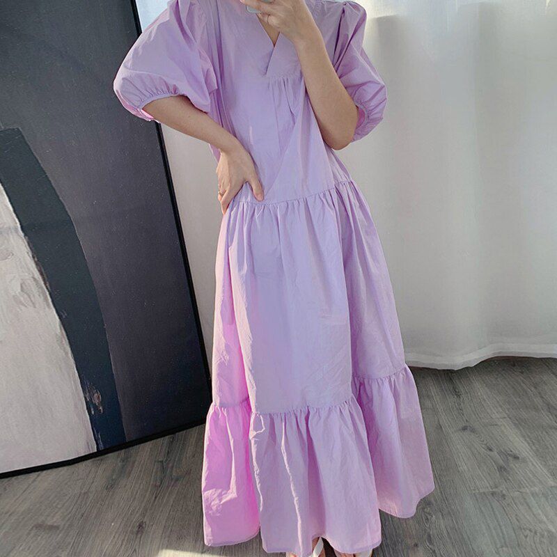Elegant Square Neck Puff Sleeve Mid-calf Dress Women Summer Solid Party Sundress Casual Ruffles Hem Holiday Vestidos7