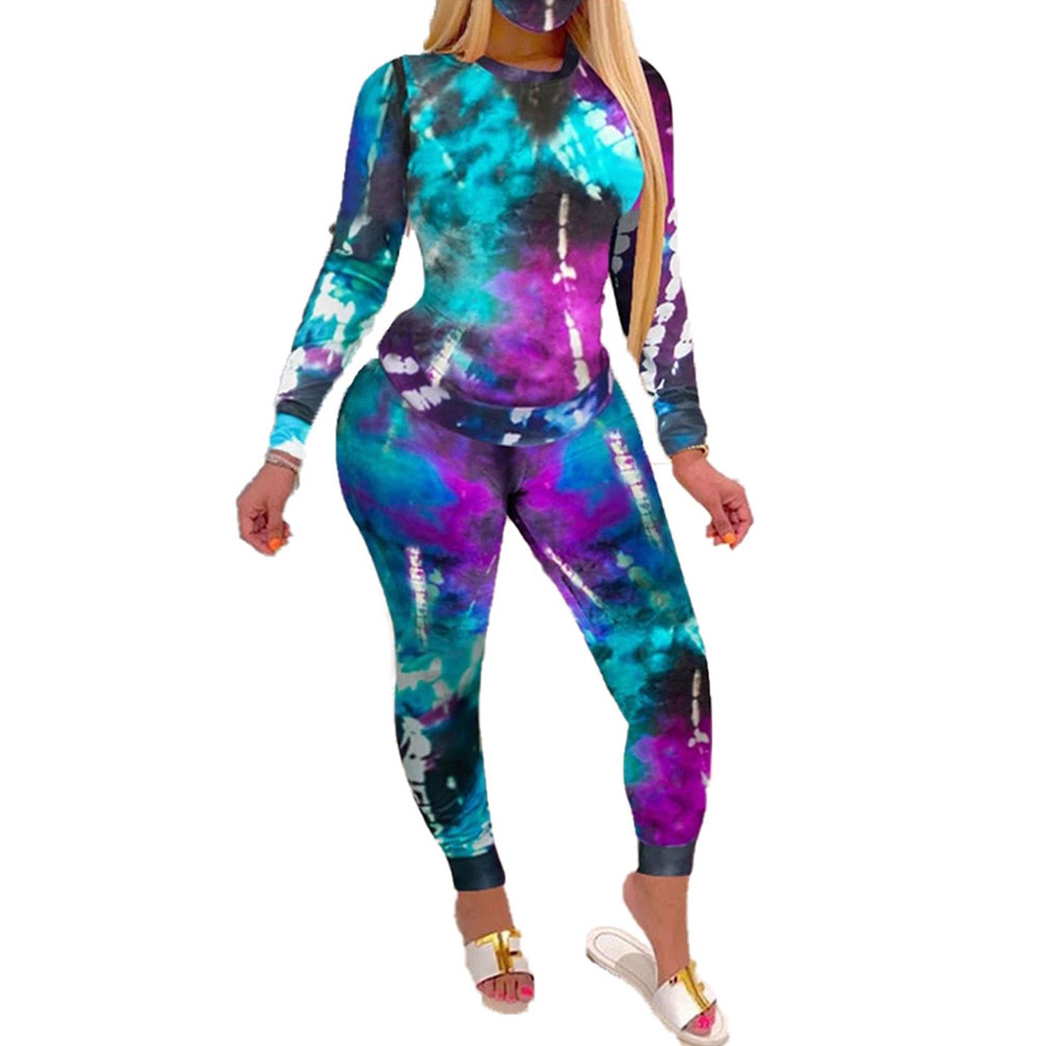 2021 Women’s Two Piece Casual Clothes Fashion Tie-dye Long Sleeve Pullover T-shirt and Elastic High Wai