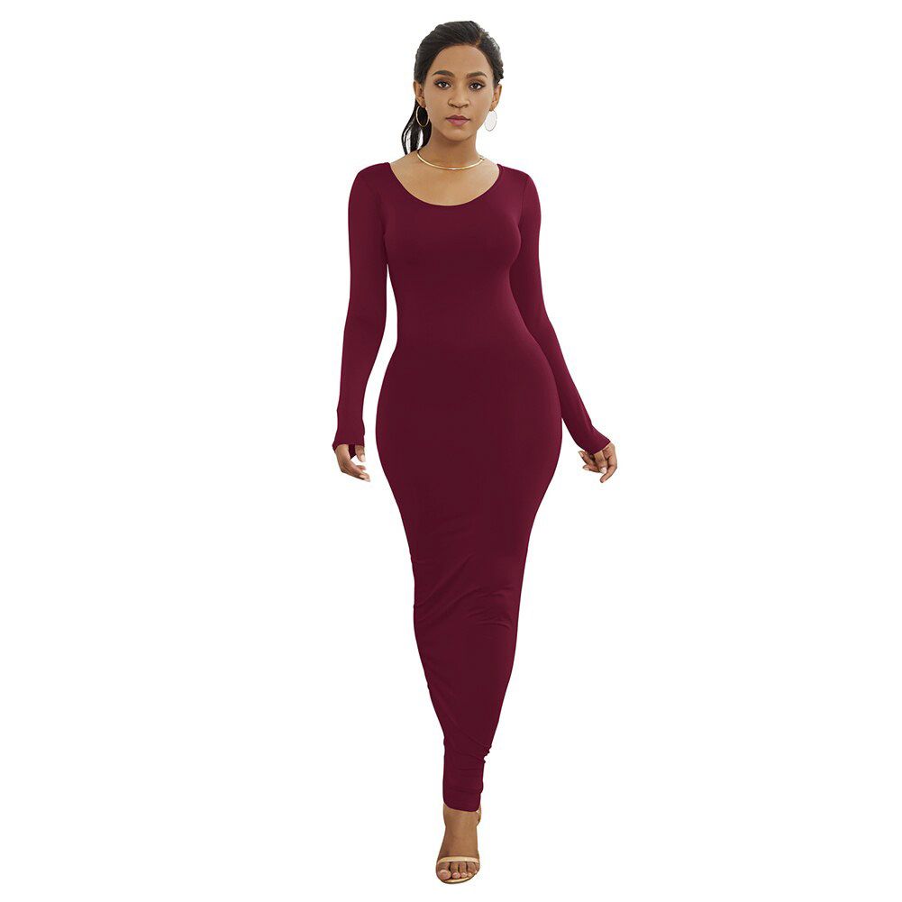 Spring Autumn Women Solid Color Long Sleeve Round Neck Bodycon Maxi Dress evening party dress comfortable