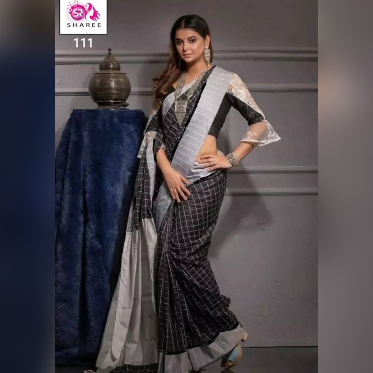 Fashionable Black & Silver Dhupiyan Silk Tangail Tat Check Saree For Women