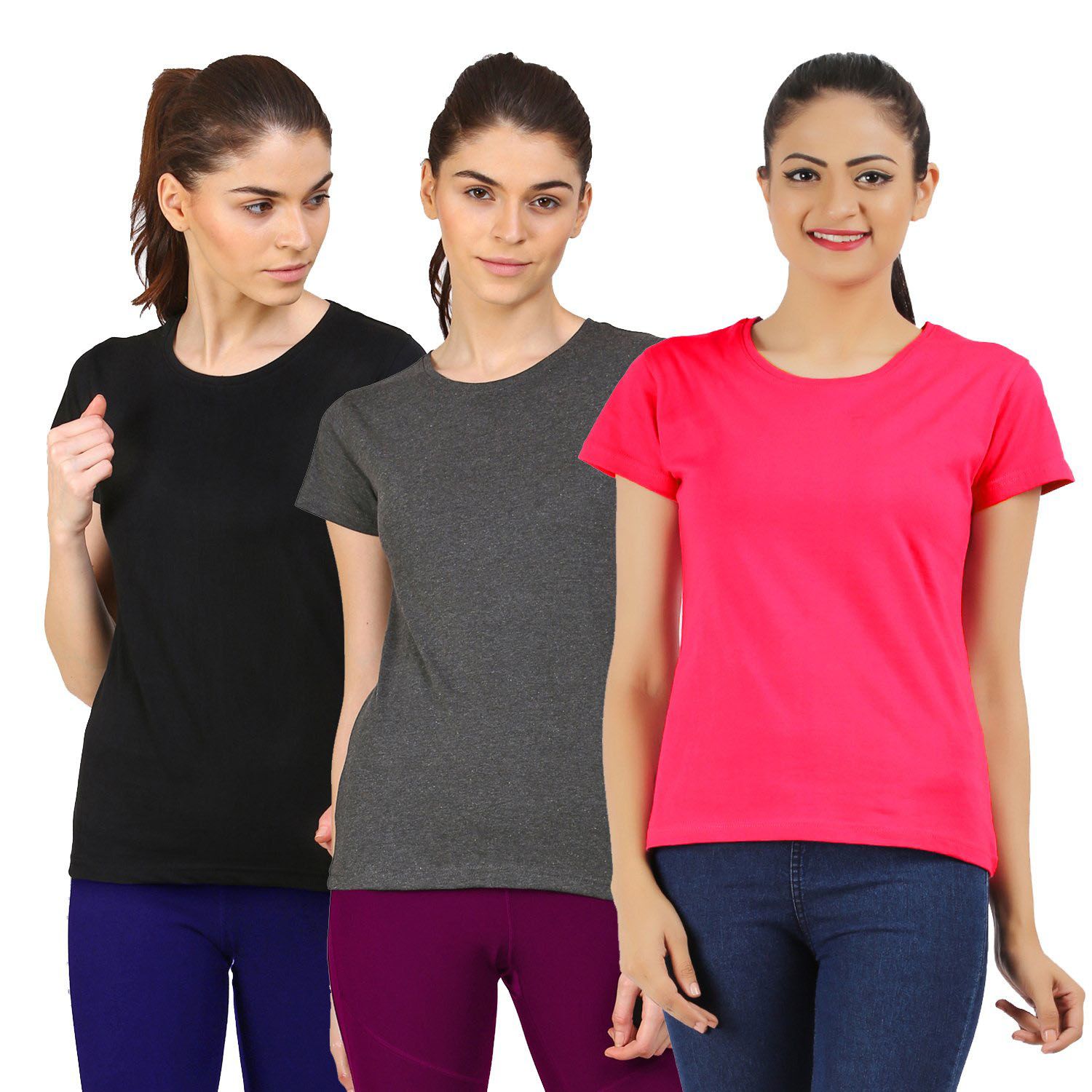 Pack of 3 Stylish Cotton Round Neck T-shirt For Women