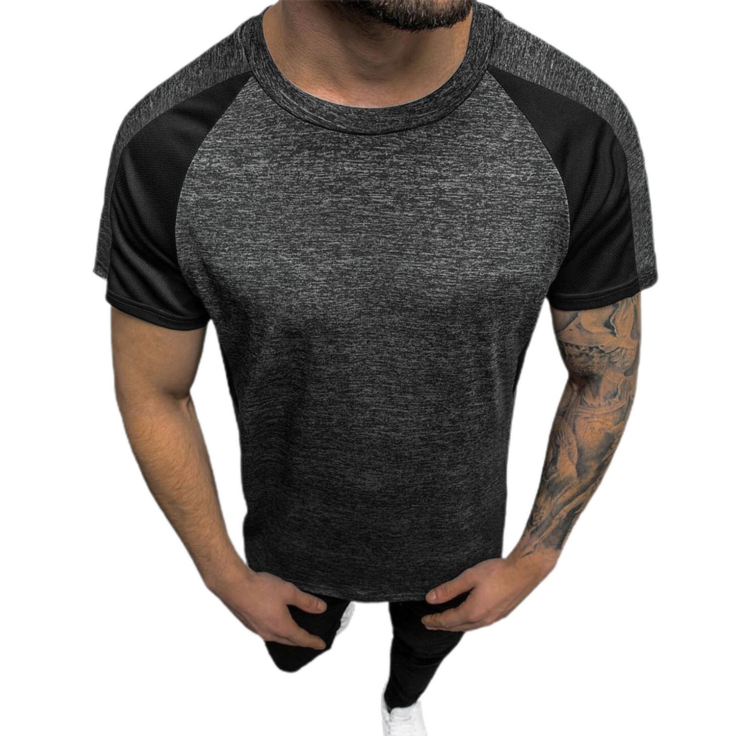 Men T-shirt Short Sleeve Sweat-absorbent Summer Round Neck Patchwork Top for Daily Wear