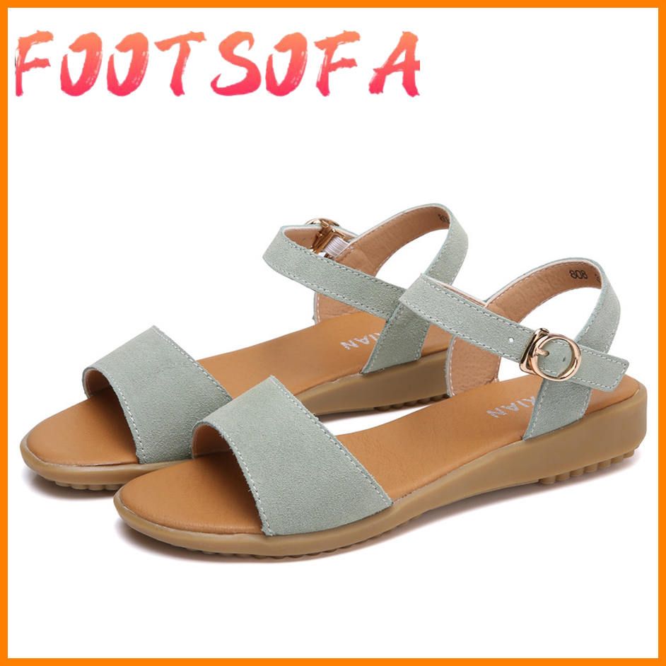 summer suede leather Women sandals Low heel wedge sandals Flats sandals ladies ankle strap Beach sandals