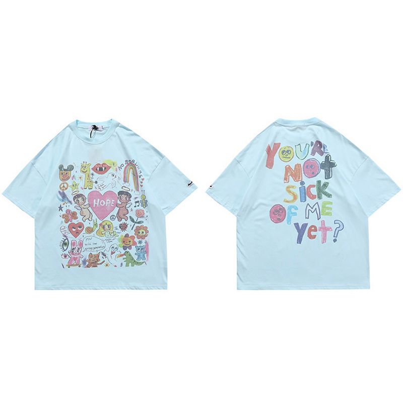 Men Oversize T Shirt Hop Streetwear Painting Letter Heart RainAngels Print Tshirt Harajuku Cotton Short Sleeve T-Shirt