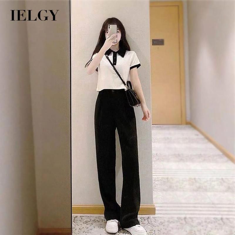 IELGY temperament suit Korean style high-waisted pants draped straight leg pants lapel slim-fit short top two-piece suit