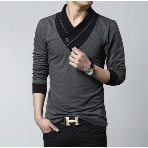 Slate Gray Broadcloth Long Sleeve T-shirt For Men