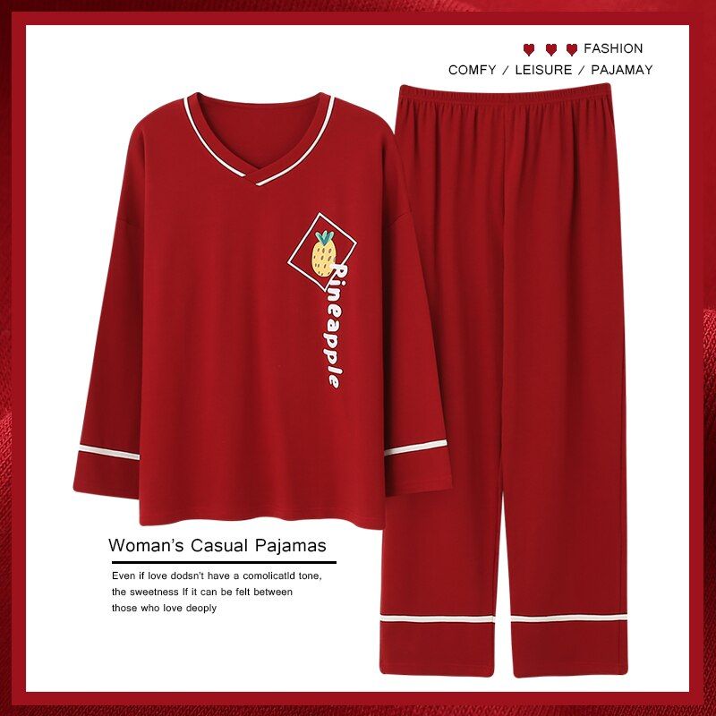 Big 3XL 4XL 5XL Plus Size Cotton Lingere Homewear Long Sleeve Pullover Pajama for Women Big Lounge Wear Cherry Printed Sleepwear