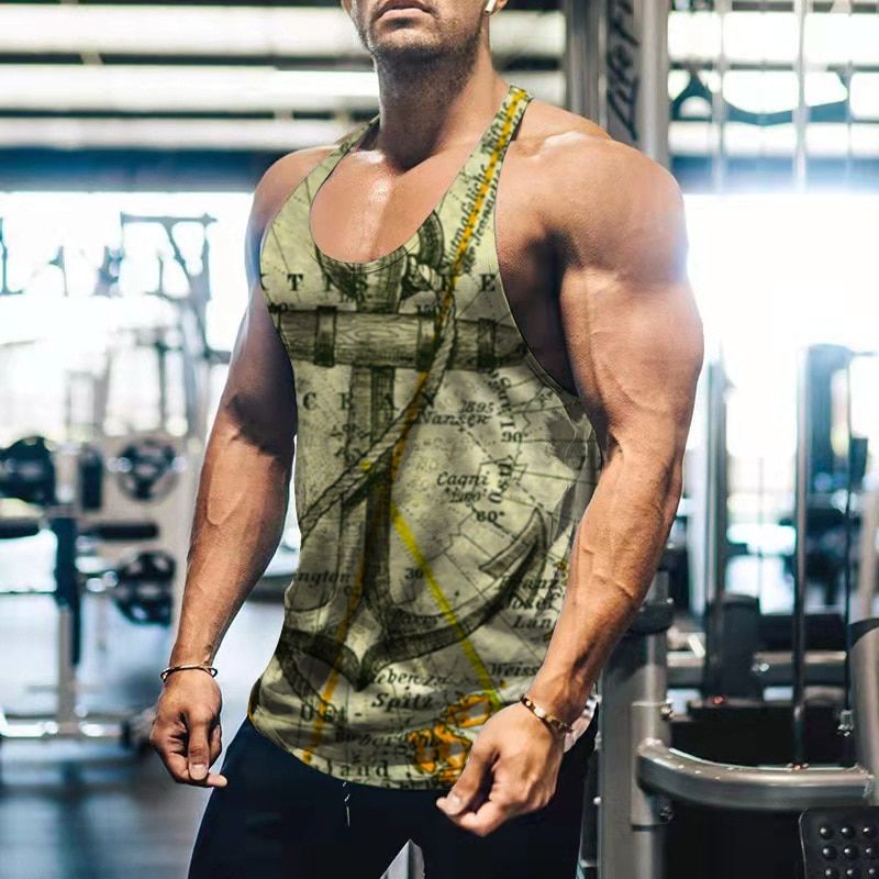 P1European and American men's 3D printing running fitness vest srts slim 3D round neck sling vest