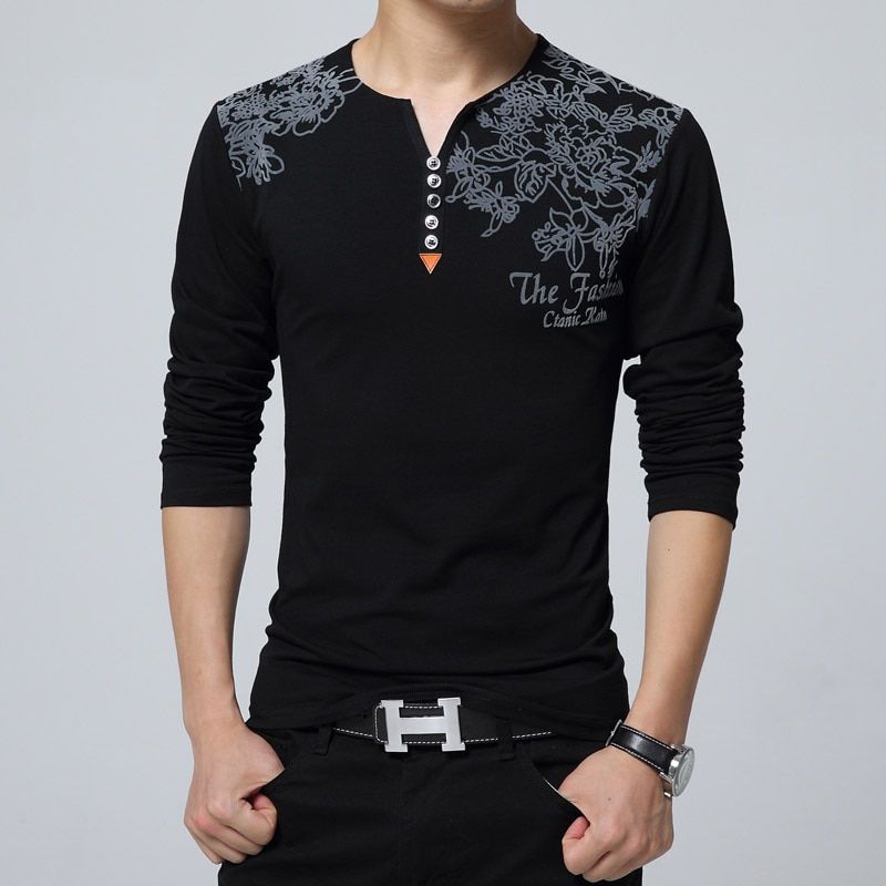 Autumn Fashion Floral Print Men T-shirt Henry Collar on Decorate Long Sleeve T-shirt for Men Tops Plus Size 5XL
