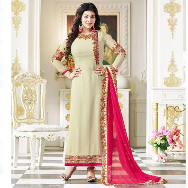 Cream Georgette Un-stitched Salwar Kameez for Women