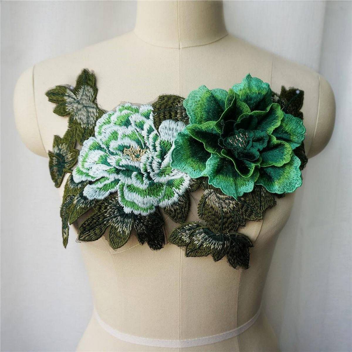 【ALLGOOD】Red Blue Purple Yellow 3D Peony Flower Leaf Lace Fabric Multilayer Collar Embroidered Gown Appliques Sew Patch For Wedding Decoration Dress DIY Green Brown