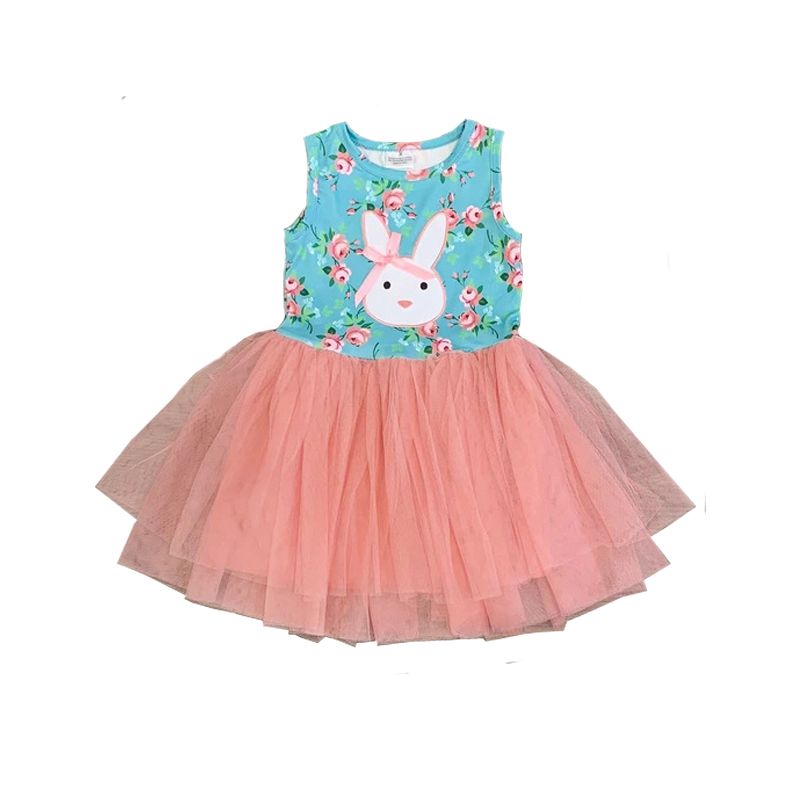 Fashionable Little Girls Easter Outfit, Toddlers Summer Sweet Style Bunny Printing Sleeveless Mesh Splicing Princess Dress