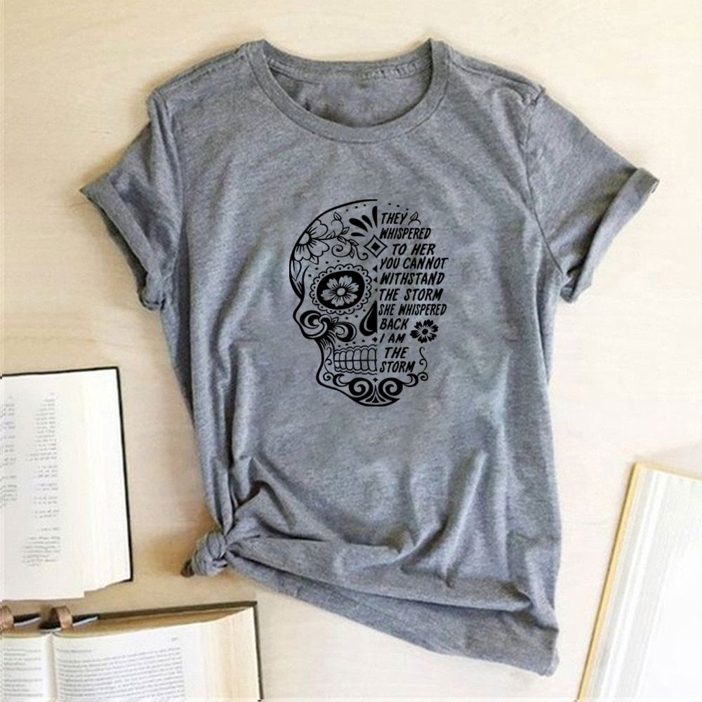 Skull Flowers They Whispered To Her Printing T-shirts Women Summer Clothes Graphic Tee Aesthetic Shirts for Women Goth Crew Neck