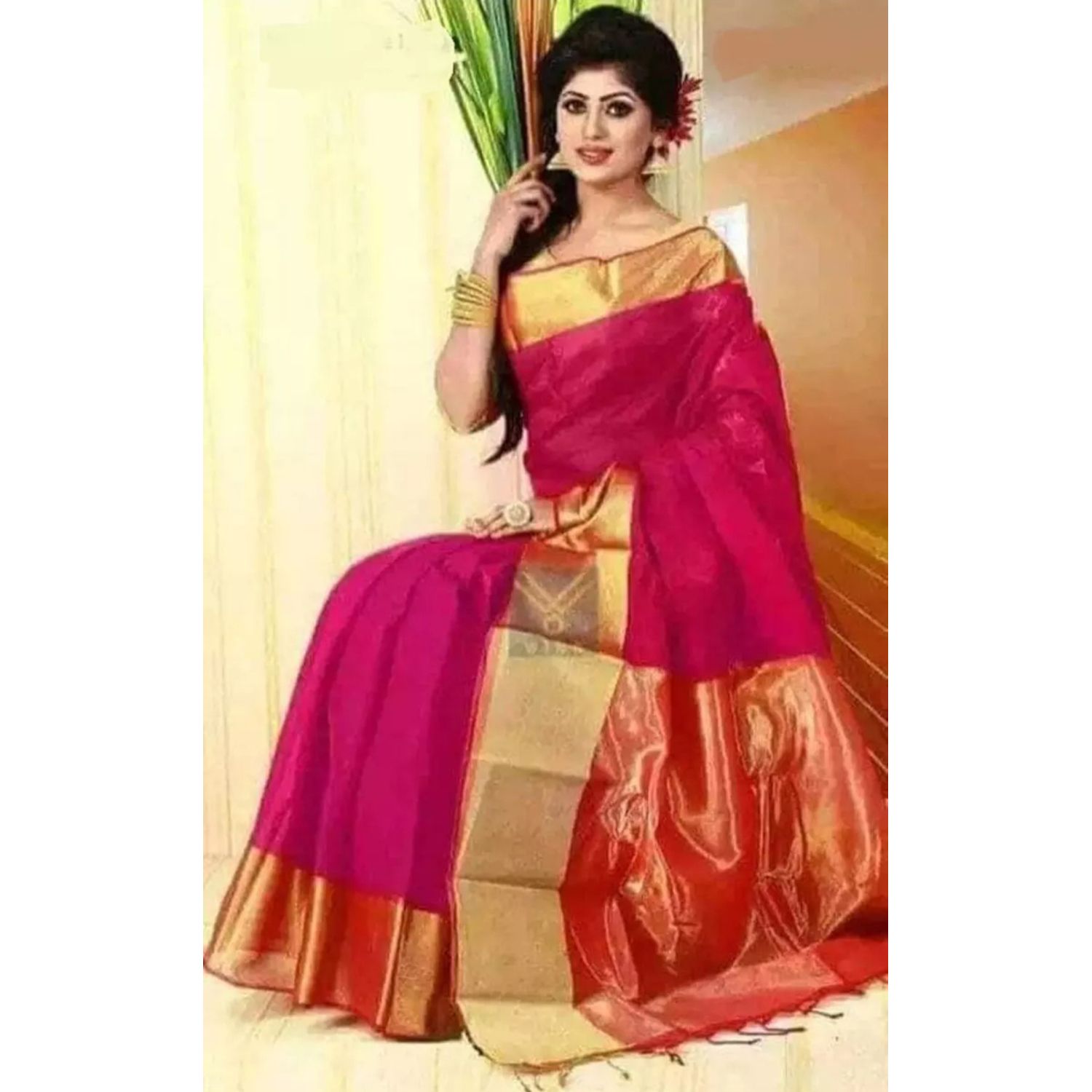 Rani Golapi Half Silk Tangail Tat Saree Without Blouse Piece For Women