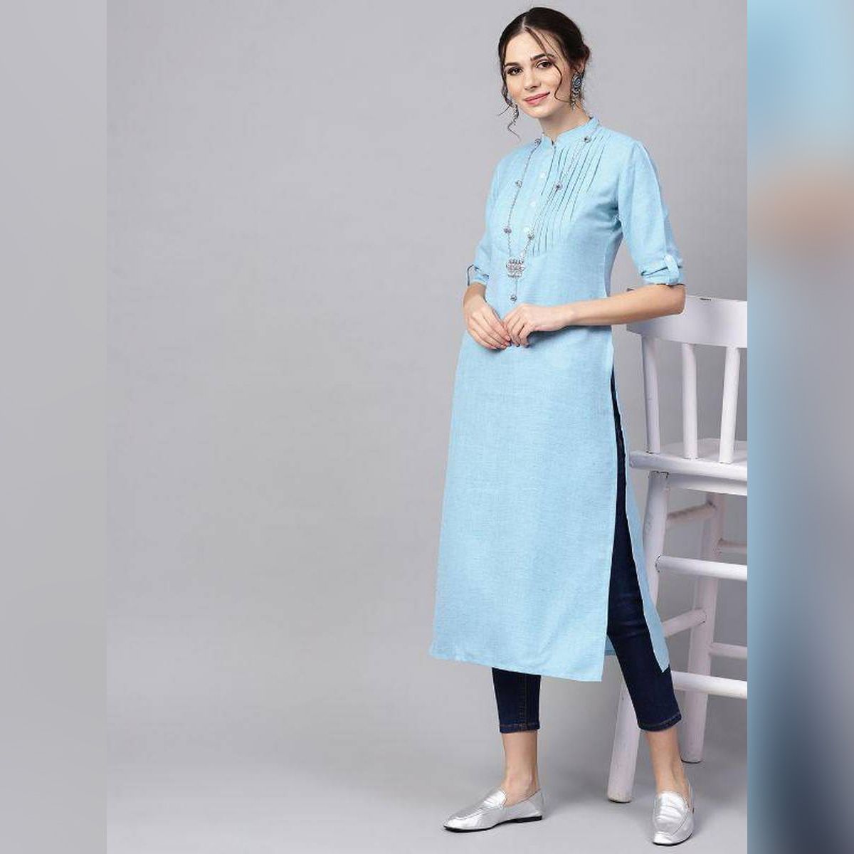 Sky Blue Linen Stylish Fashionable Single Top Kurti for Women Bend The Trend - (Tailor Made)