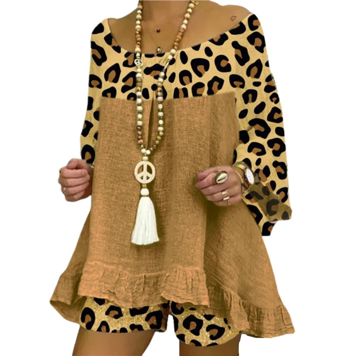 Ladies Suit O-neck Vintage Leopard Patchwork Top Shorts Set