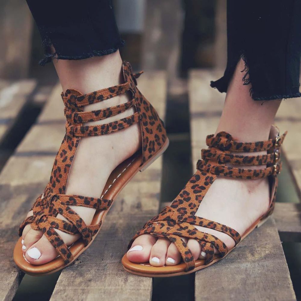 Korean Style Women Sandals Women Summer Fashion Sandals Buckle Strap Flat Leopard Retro Peep Toe Sandals Fashion Shoes Work female shoes women shoes
