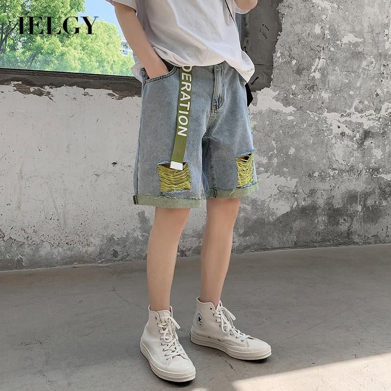 IELGY summer men's ripped denim shorts loose straight leg color matching five-point pants