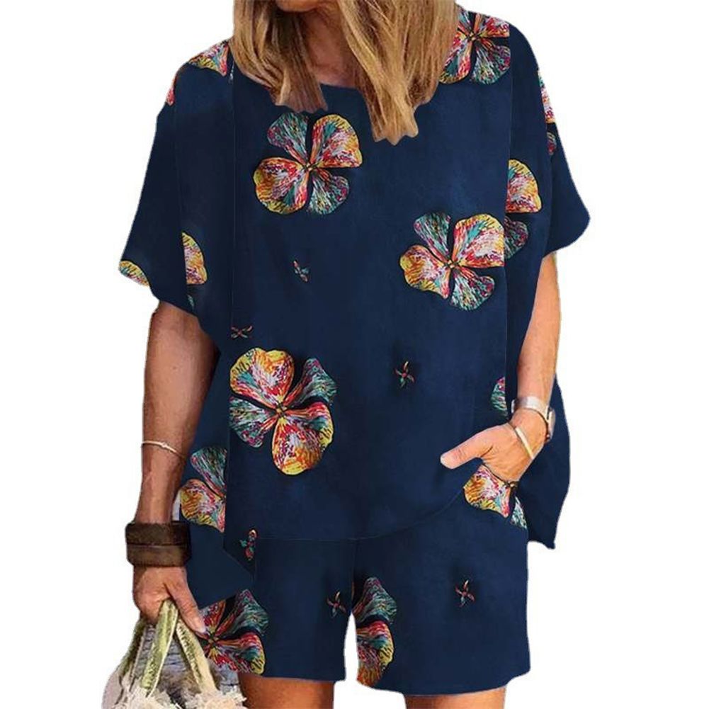 Yfashion 2 Pcs Women Casual Tracksuit Cotton Linen Short Sleeve T-shirt Shorts Flower Printing Top Cropped Pants Set color