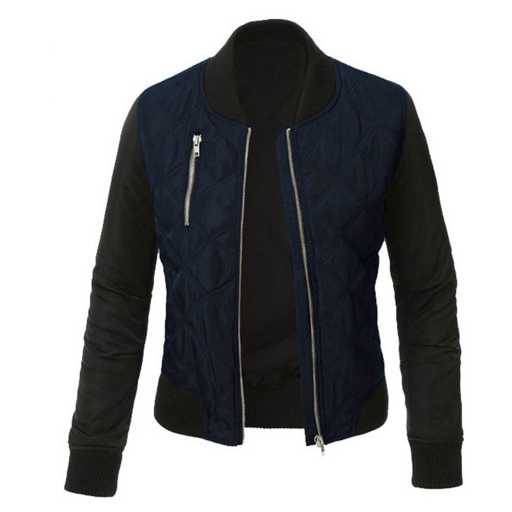 Biker Women Winter Coat Color Block Long Sleeve Zip Up Pilot Bomber Jacket