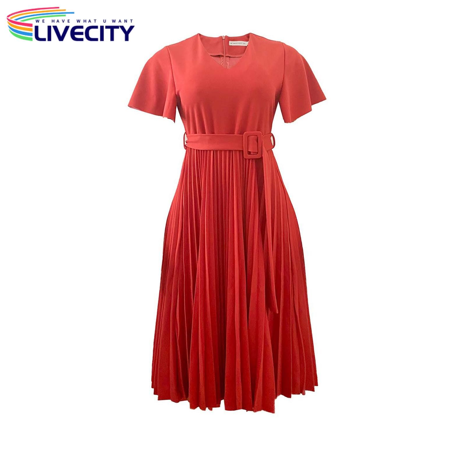 Women Dress Zipper Ruffle Short Sleeve A-Line Casual Dress