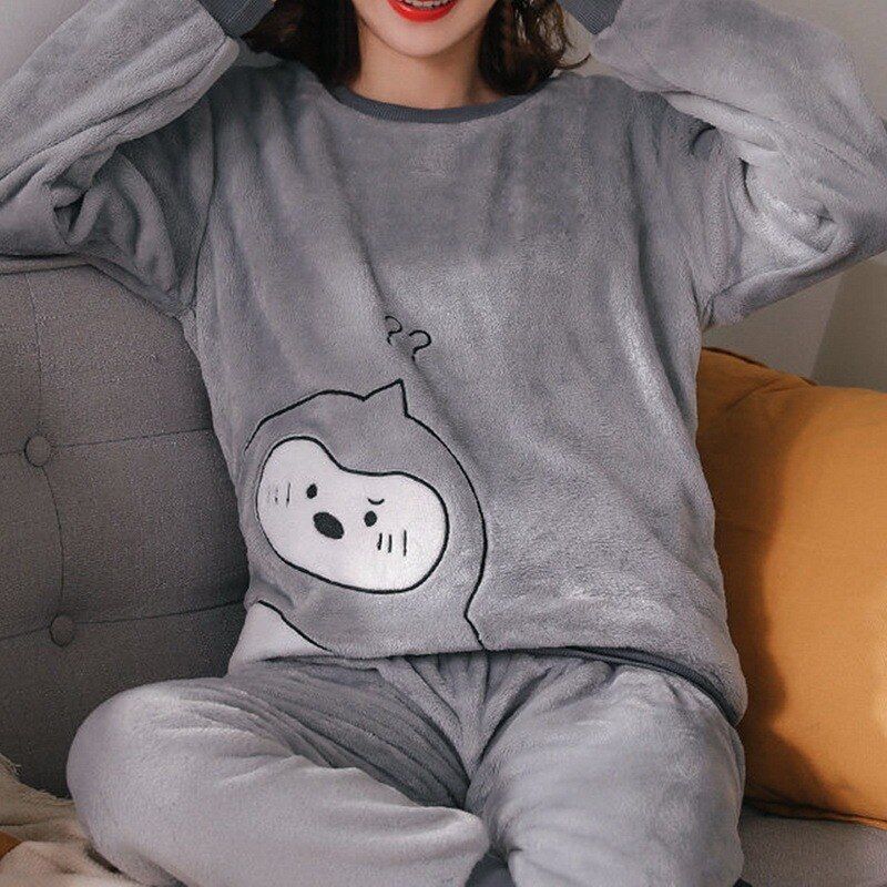 Winter Thick Warm Flannel Pajama Sets Women Cartoon Print Sleepwear Conjunto Felpa Two Piece Set Thick Warm Nightgown