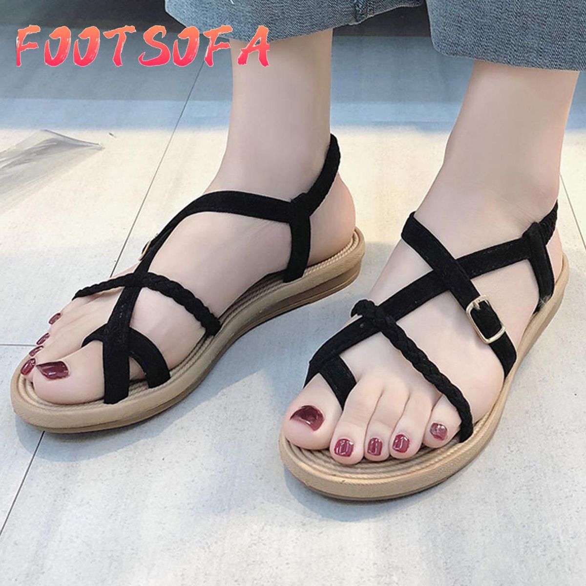 Summer Women's Flat Bottom Roman Sandals Wild Cross Straps Clip Toe Beach Shoes