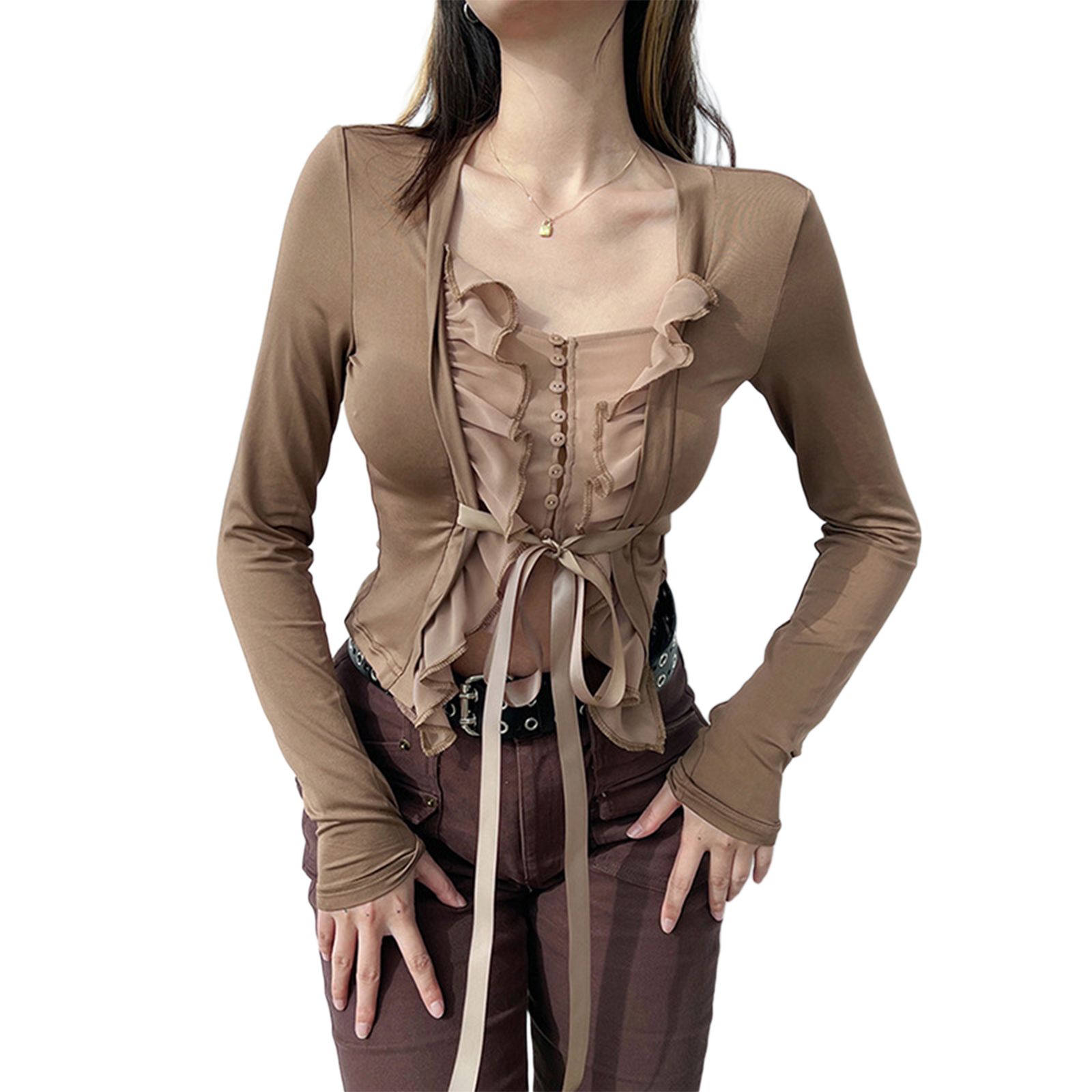 Women Square Neck Crop Tops Fashion Long Sleeve See-Through Ruffles Buttons Tie-Up T-Shirt Spring Slim Fit Cardigan