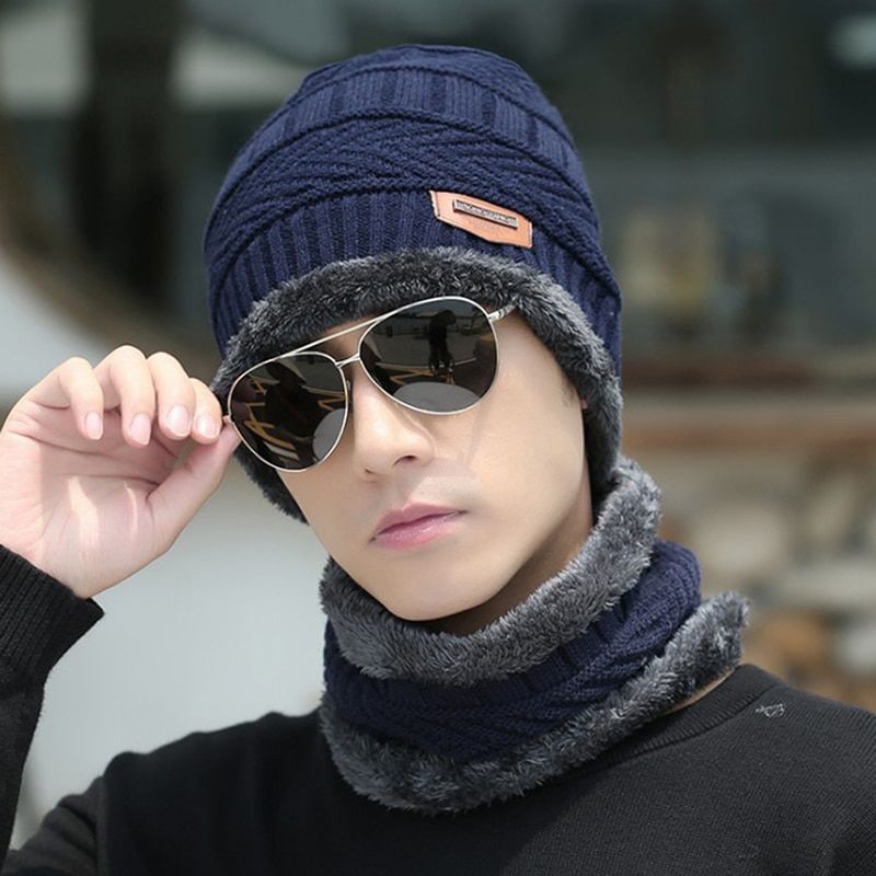 1 Set Men Warm Skullies Beanie + Soft Scarf Two-Piece Set Winter Thicken Hat Male Windproof Knitting Caps Neck Warmer