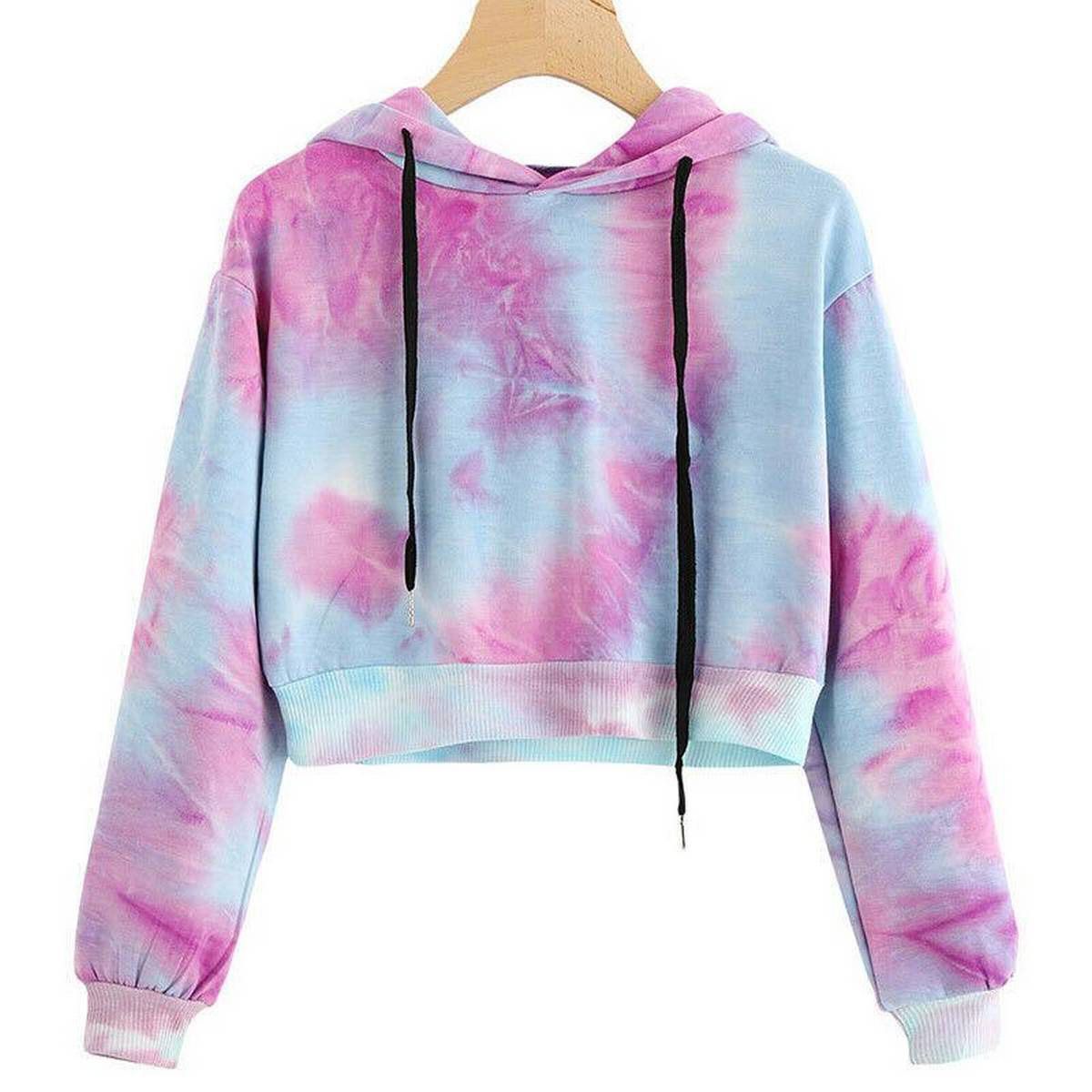 【BestGO】Womens Crop Top Hoodie Tye Dye Pullover Sweatshirts Hoodies Thin Tops