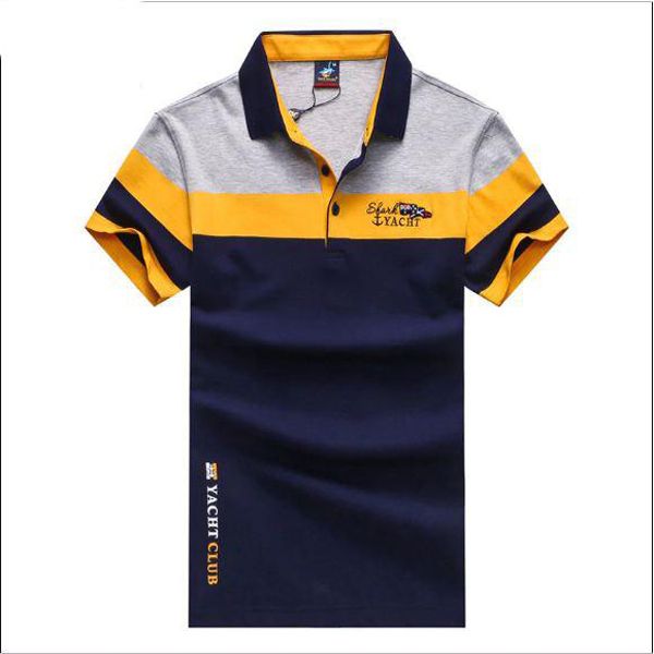 Navy Blue Grey  & Yellow Cotton Polo Shirt For Men