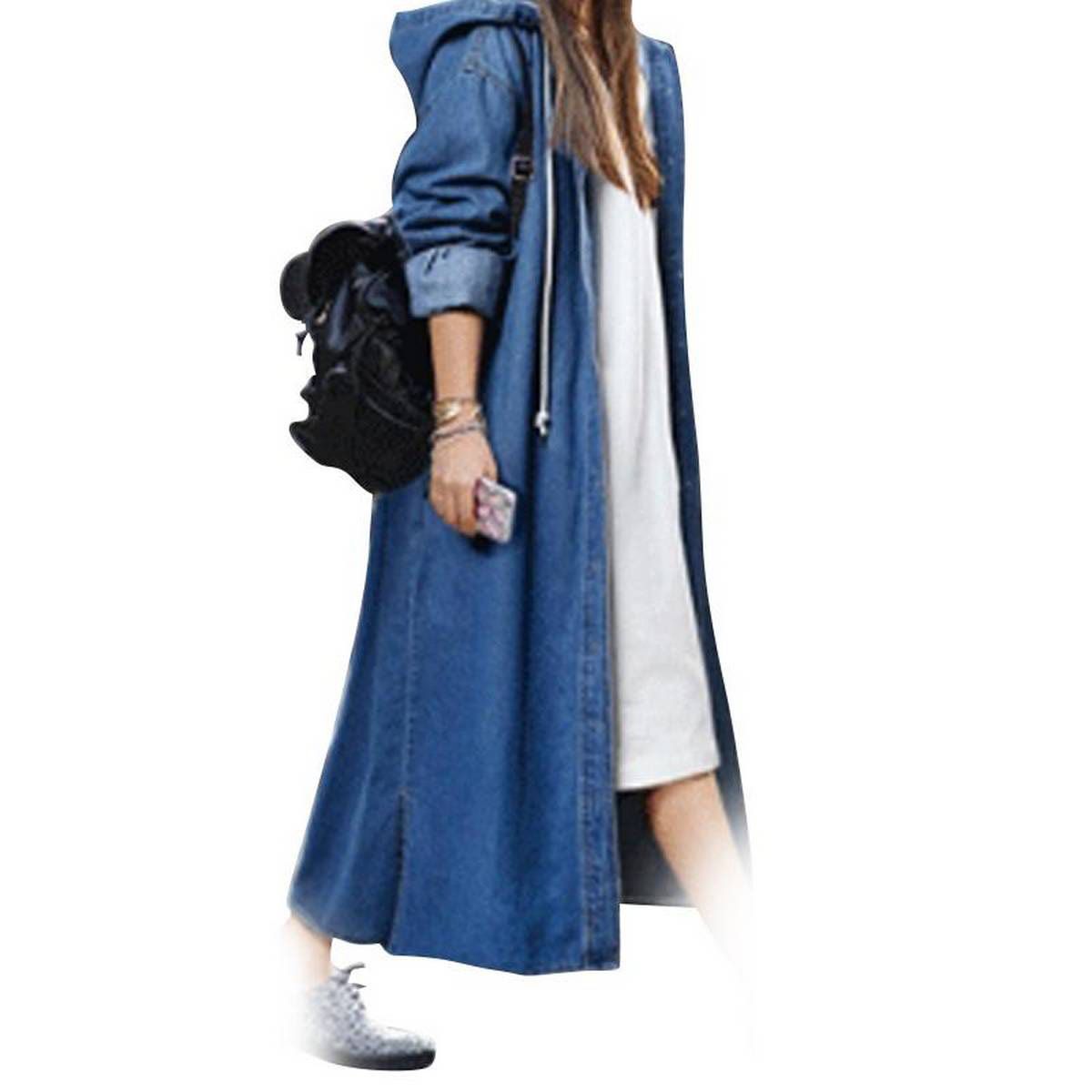 Women Fashion Loose Long Sleeve Hooded Denim Jacket Coat Ladies Casual Buttons Long Jean Coat Cardigan Outwear Tops Dark Blue M