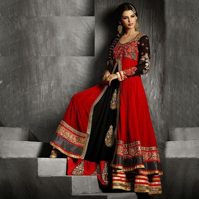 Unstitched Red  and  Black  Georgette  Embroidery  Work  Gown  For  Women