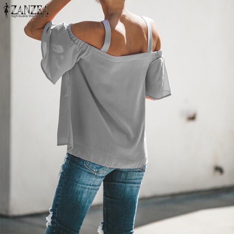 Original ZANZEA Women V Neck Cold Shoulder Strappy Casual Loose Party Baggy Tops Tee Blouse