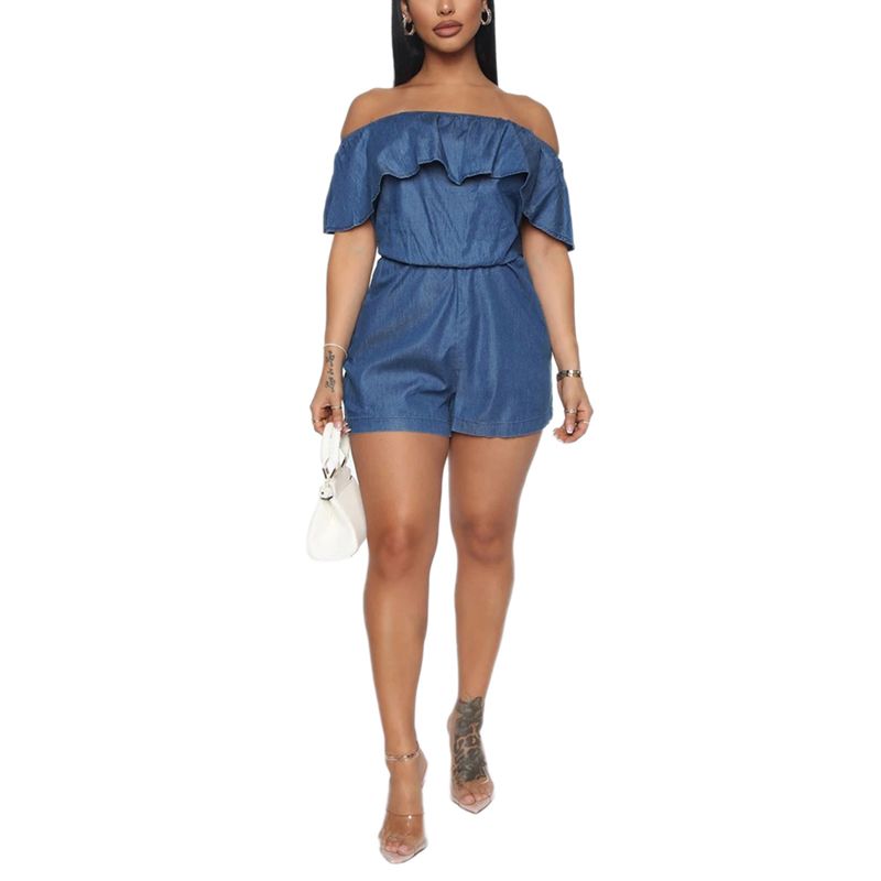 Female Jumpsuit Solid Color Boat Neck Short Sleeve Jumpsuit Bodysuit for Women( Blue/Light Blue)