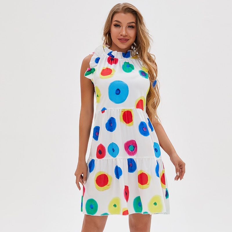 Legant Women Dots Print Party Dress Summer Sleeveless O Neck Beach Dresses Ladies Ruffles Loose Mini Dresses Vestidos