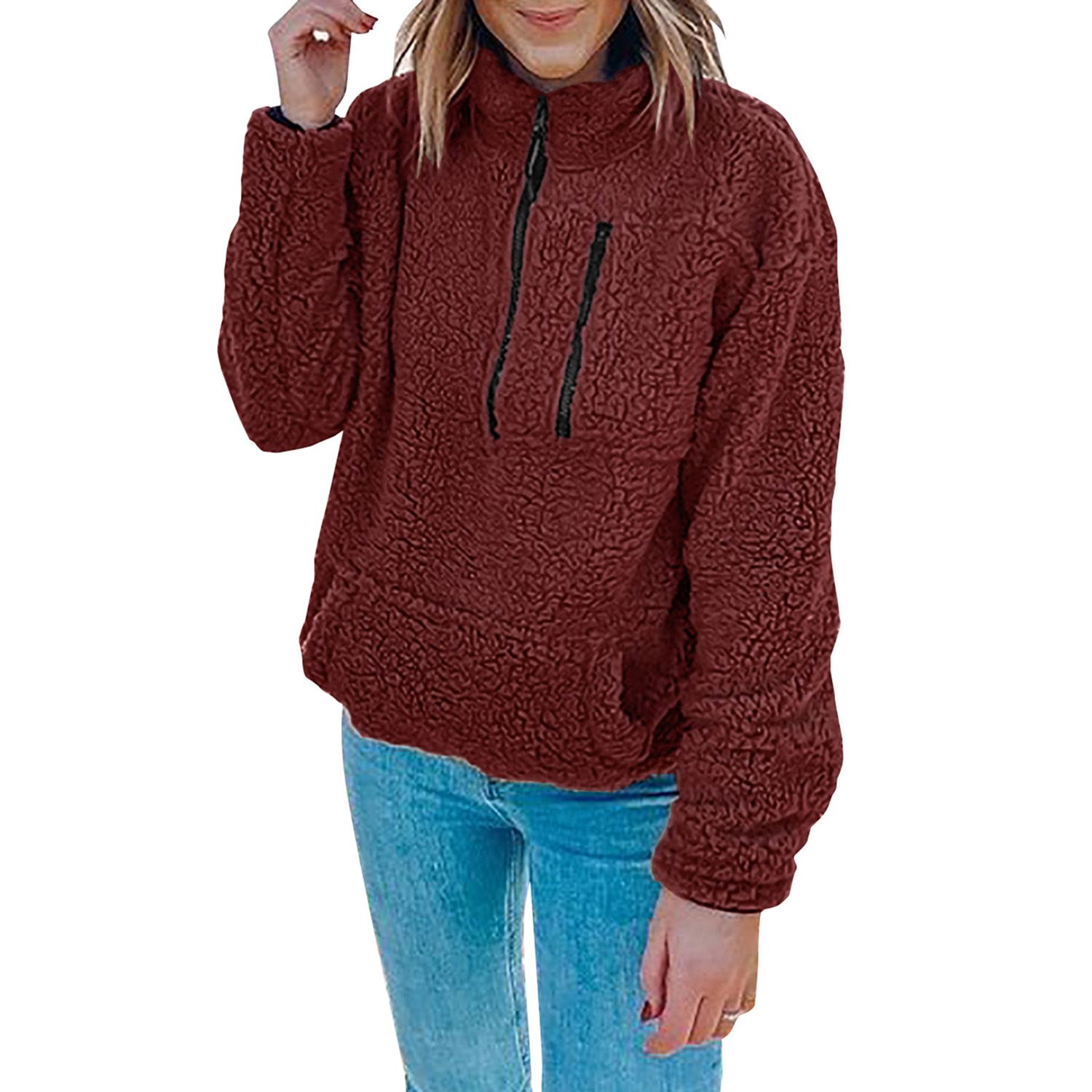 Women Imitation Lamb Pullover, Adults Solid Color Long Sleeve Round Neck Outerwear with Pocket