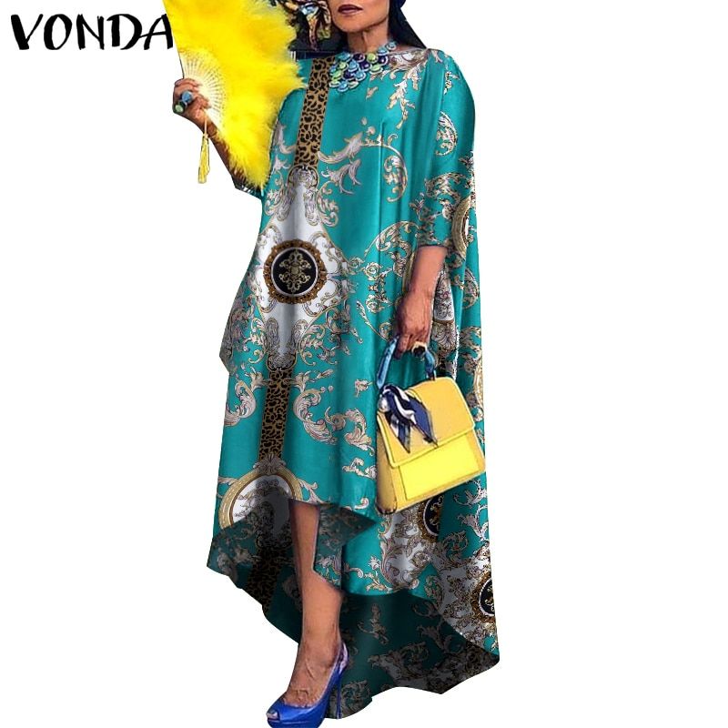Women Casual 2/3 Sleeve O Neck Irregular Dress VONDA 2021 Spring Asymmetric Hem Pleated Vestidos  Elegant Robe Autumn Long Robes