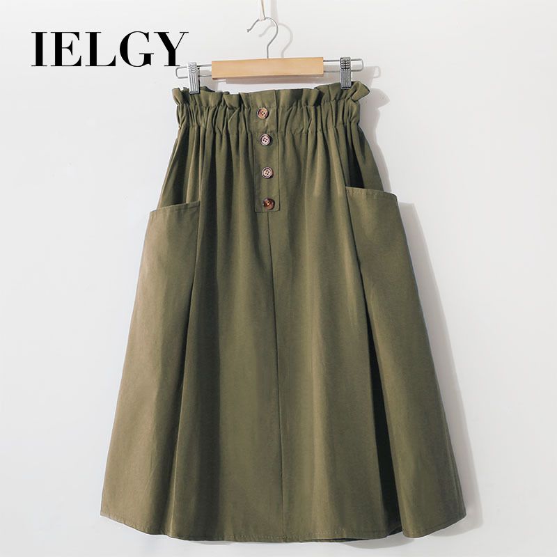 IELGY summer new college style solid color high waist double pocket button literary style A-line skirt Mori women's skirt