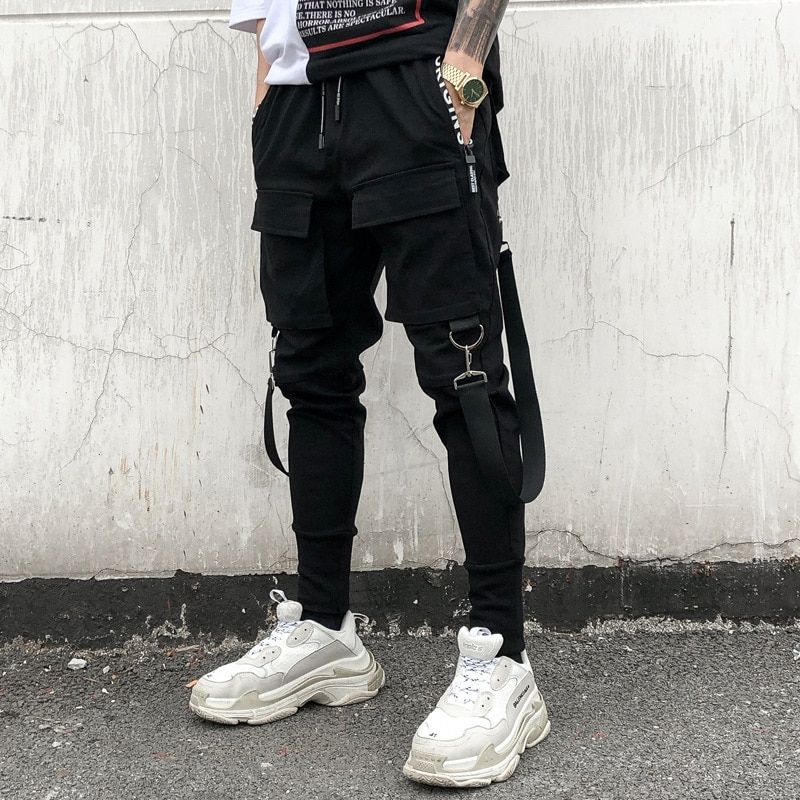Hip Hop Joggers Mens Black Harem Pants Multi Pocket Ribbons Mens Sports Pants Streetwear Cargo Pants Men Japanese Streetwear