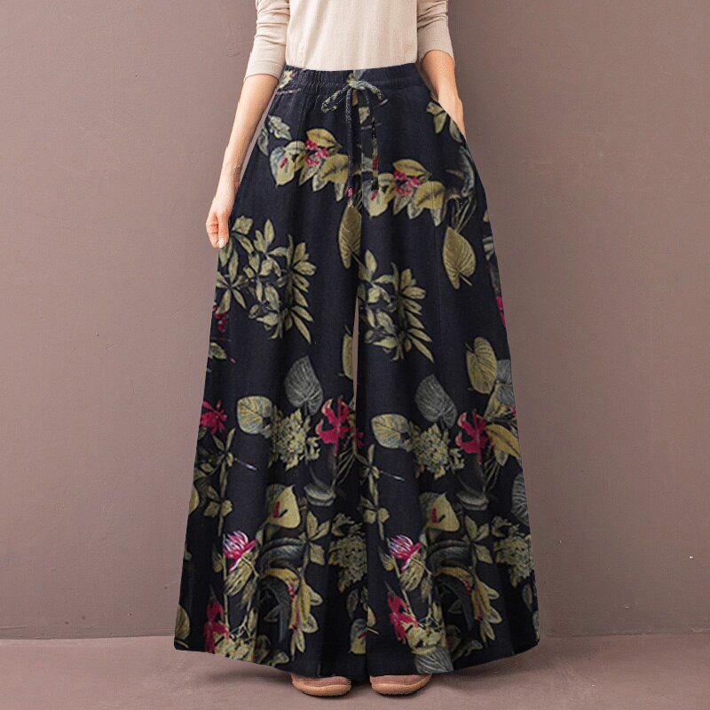 Women's Wide Leg Trousers Kaftan Printed Pants Elastic Waist Long Pantalon Palazzo Casual Floral Turnip Oversized