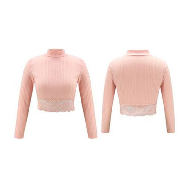 Short T-Shirt for Women Beautiful and Fashionable Pure Color without Pattern High Collar and Long Sleeve T-Shirt with Midriff-Baring Design and Lace Hem for Women Simple Style Crop Tops for Women