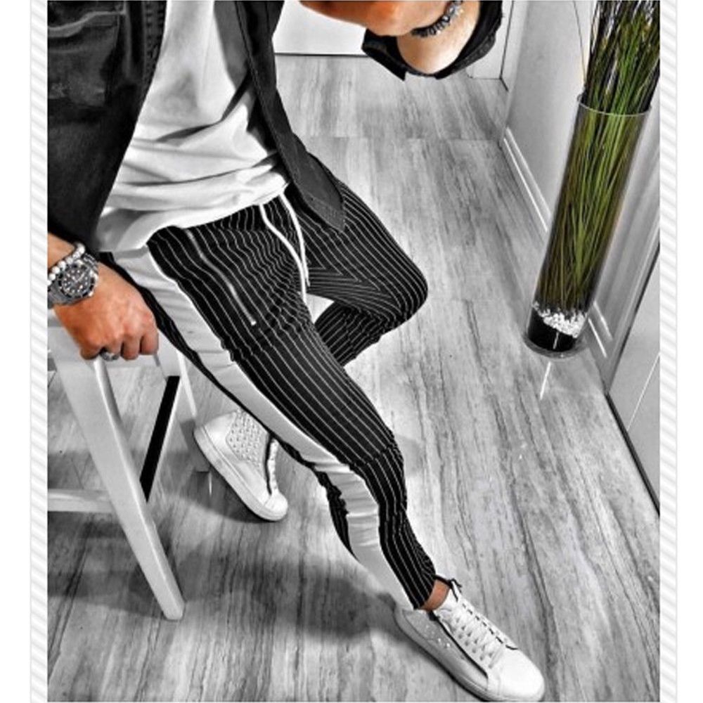 New Fashion Men Slim Fit Trousers Striped Pencil Pants Tracksuit Bottoms Male Stylish Stripe Skinny Joggers Long Pants