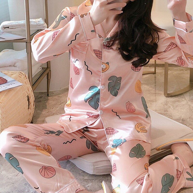 Cotton Pajamas Women Pajamas Set  Autumn Turn-down Collar Long Sleeve +Long Pants Two Piece Set Sleepwear Pijama Pjs Sets