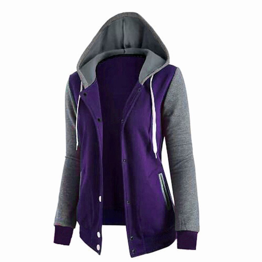 Casual Women Winter Color Block Long Sleeve Jacket Button Hooded Drawstring Coat