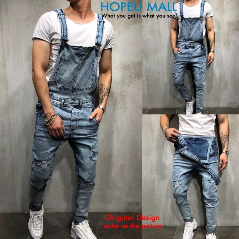 Ripped Denim Jumpsuit Jeans for Men Skinny Jumpsuits Men Overall Casual Black White Jeans Men Wash Broken Pocket Trousers Suspender Pants Men
