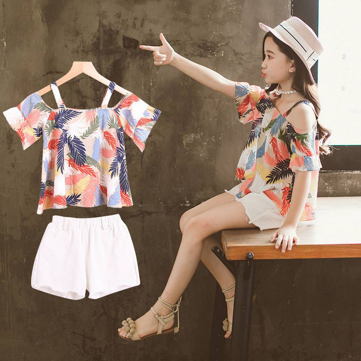 Kids Baby Girls Clothes Clothing Sets Infant Girl Children Kids Baby Girls Mandarin Sleeve Straps Tops Leaf Tee Shorts Set Outfits Girl Clothing Set for Kids
