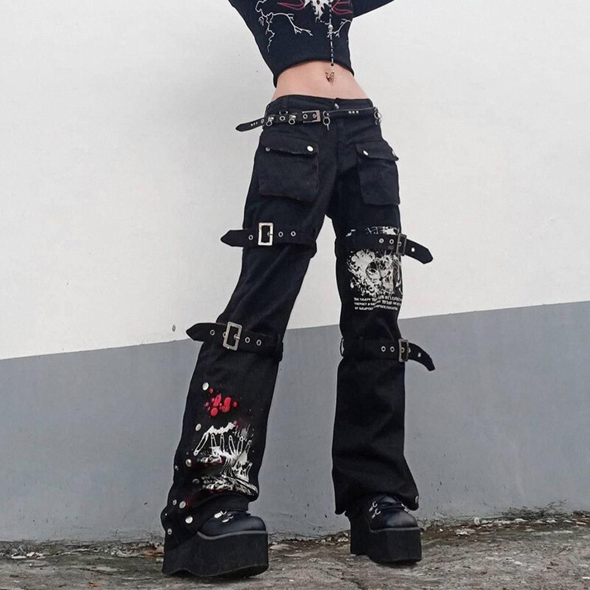 Punk Skull Print Black Buckle Pants High Waist Big Pocket Trousers Goth Mall Grunge Cargo Pants Techwear