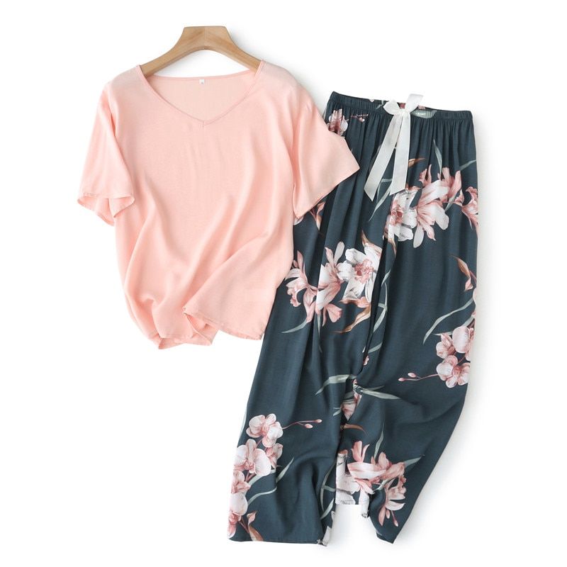 Breathable 2PCS Pajama Short Sleeve Printed Pijama Femme Loose Nightwear Suit Female Casual Homewear Pajama Set For Women