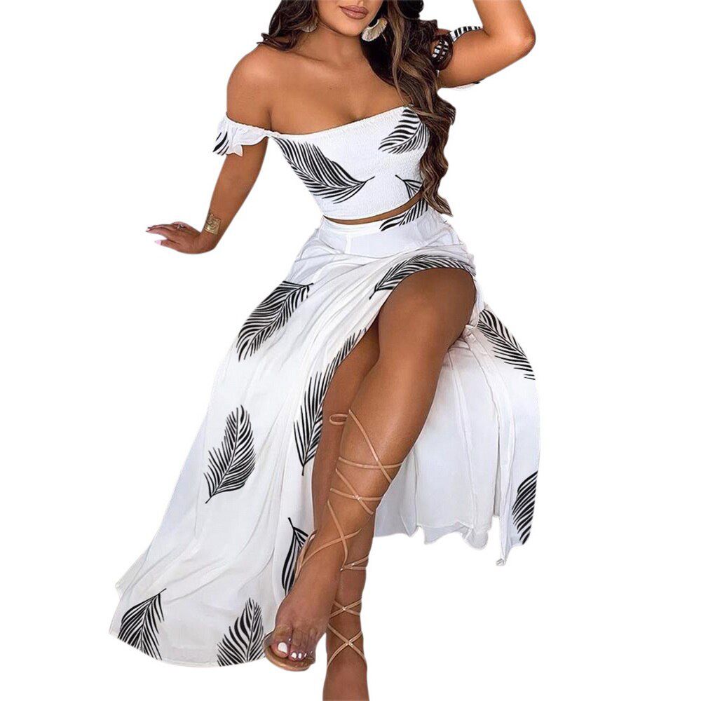 Women Floral Print Long Dress Sets Off Shoulder Tops And Split Skirt Suit Summer Party Two Piece Set Vestidos De Mujer